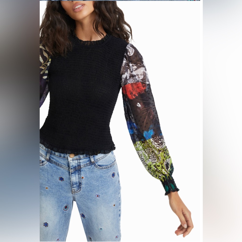 DESIGUAL Sheer Black Floral Sleeve Top size small - Picture 12 of 12